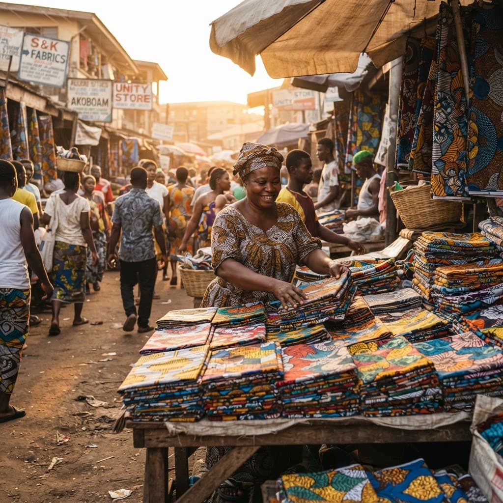 Colourful fabric stalls at a bustling Accra market at golden hour